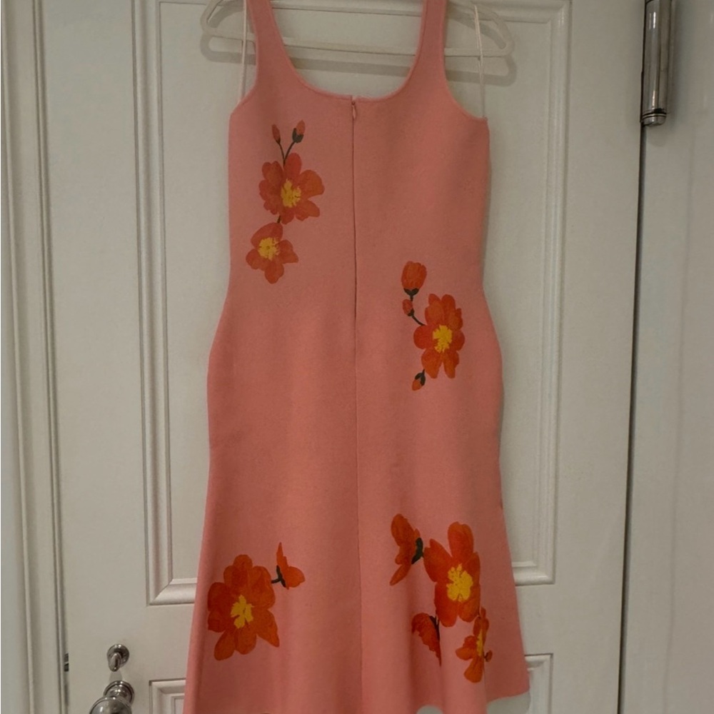 Carolina Herrera Pink Floral Midi Dress with Orange and Yellow Flowers - Picture 3 of 5